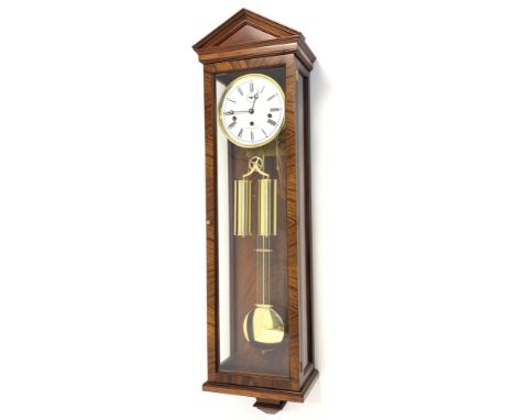 Inlaid mahogany cased wall clock, white enamel dial with Roman numeral chapter ring and subsidiary seconds dial, signed Comit