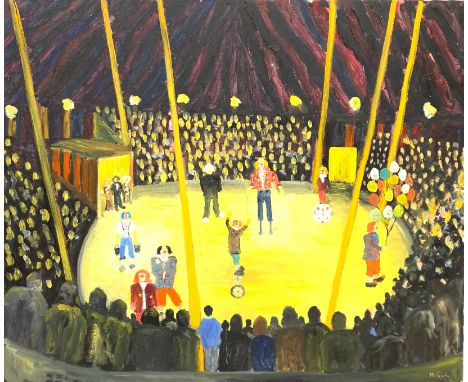 After M Quirke Circus scene oil on canvas, signed 76cm x 92cm unframed Condition Report & Further Details Click here for furt