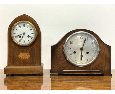 Edwardian inlaid mahogany mantel clock, (W17cm) and an early 20th century 'Bentima' oak cased mantel clock, (28cm) Condition 