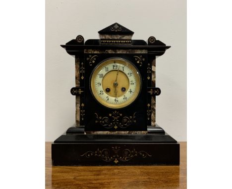 Victorian slate mantle clock, with Arabic numeral chapter ring, and incised gilt decoration, W29cm Condition Report & Further