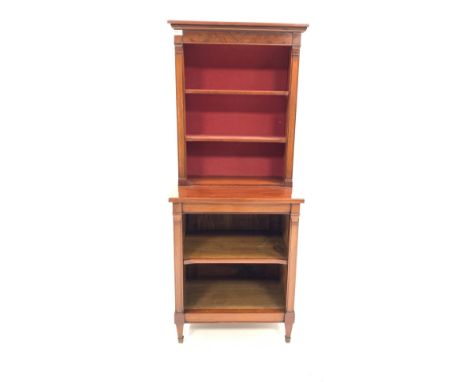 Late 19th century French mahogany open bookcase, with figured frieze above two shelves enclosed by plain pilasters, one shelf