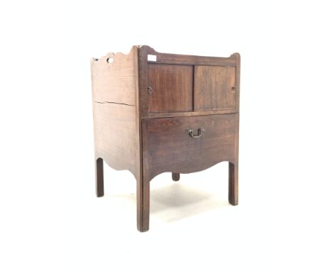 19th century mahogany night stand, galleried top above two sliding doors, pull out commode tray under, 56cm x 55cm, H73cm Con