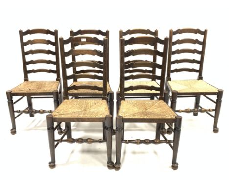 Set six ash ladder back dining chairs, with wave shaped bars, string seats, raised on turned front supports and stretchers, W