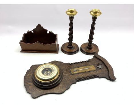 Aneroid barometer and thermometer in oak case, letter rack and a pair of oak candlesticks H32cm Condition Report & Further De