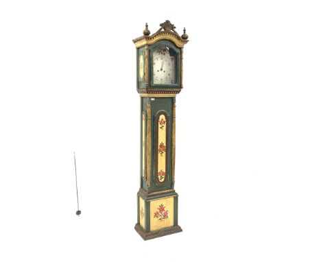 19th century Portuguese painted chestnut longcase clock, the associated white painted enamel dial with Arabic chapter ring, u