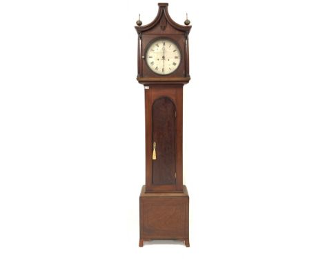 19th century mahogany longcase clock, the silvered circular dial with Roman numeral and Arabic chapter ring, subsidiary secon