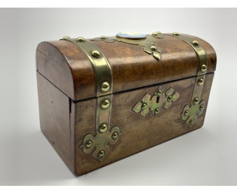 Victorian brass banded walnut tea caddy, the domed hinged lid inset with a blue jasper ware plaque, the interior with two cov
