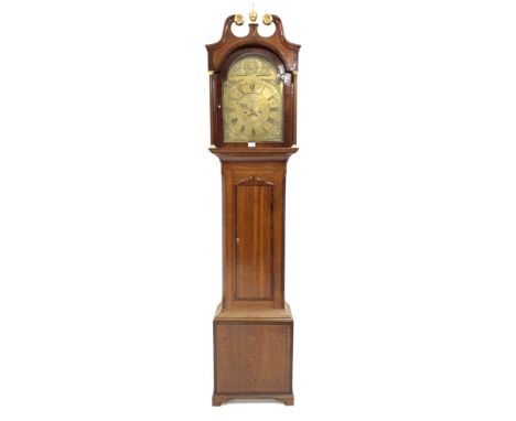 19th century oak and mahogany banded long case clock, the associated brass dial with applied brass sun mask and floral spandr