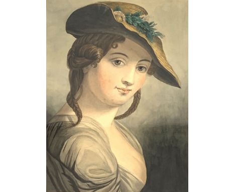 19th century head and shoulders portrait of a girl in a straw hat, watercolour 39cm x 28cm Condition Report & Further Details
