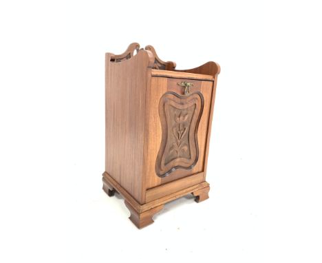Edwardian walnut fall front coal box with pierced and carved decoration, lined interior, ogee bracket feet, W36cm Condition R