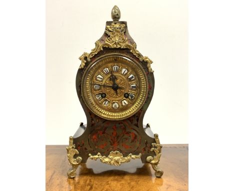 20th century simulated Boulle work cartouche shaped mantel clock, with gilt metal dial and mounts, W16cm Condition Report & F