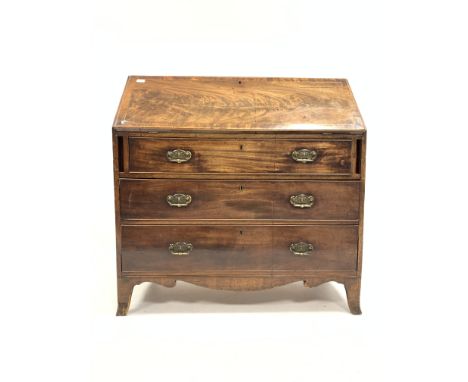 19th century mahogany bureau, the fall front with inlaid brass revealing fitted interior over three graduated drawers, raised