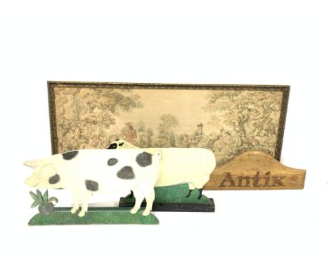 Pair of painted animal dummy boards L78cm, a machined tapestry panel 68cm x 155cm and a painted 'Antix' sign Condition Report