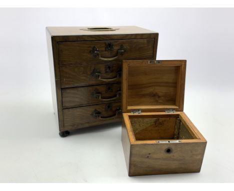 Victorian ash miniature chest of  four long drawers on bun feet W26cm and a single division tea caddy with swing handle Condi