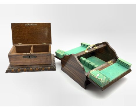Oak tea caddy with hinged lid, divided interior and egg and dart moulding W31cm and an oak cutlery box  Condition Report & Fu