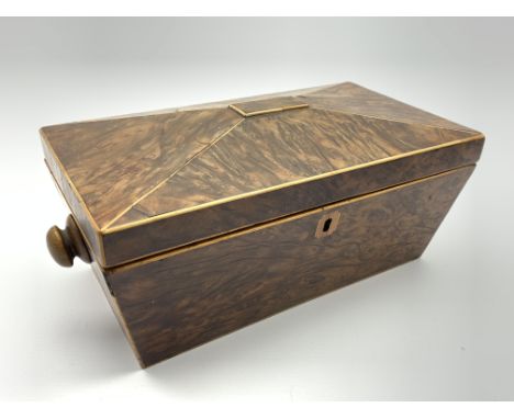 Early 19th Century sarcophagus shape yew wood tea caddy, the interior with three covered containers and inlaid with boxwood s