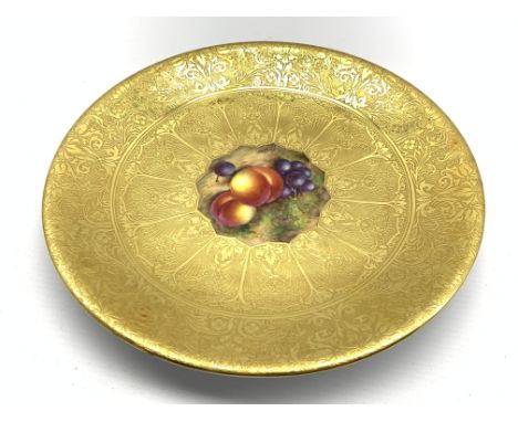  Royal Worcester cabinet plate painted with a centre panel of peaches and grapes within a tooled and etched gilded ground sig