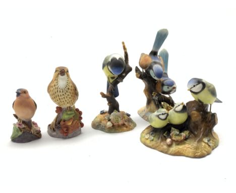 Three Royal Crown Derby bird ornaments, 'Blue Tit and Chicks', 'Blue Tit' and 'Fairy Wrens' and two Royal Worcester birds 'Th