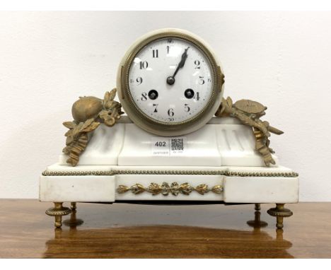 French white slate mantel clock, white enamel dial and Arabic chapter ring, the case with gilt metal mounts, with key and pen