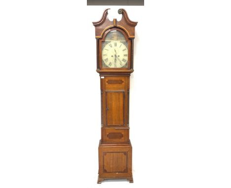 19th century oak and mahogany banded longcase clock, white painted enamel dial with Roman numeral chapter ring and subsidiary