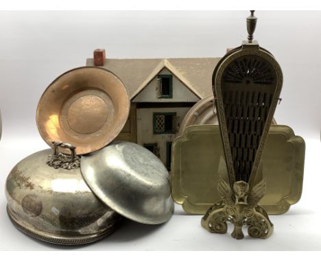 Brass fan fire screen other items of metalware and a wooden dolls house Condition Report & Further Details Click here for fur
