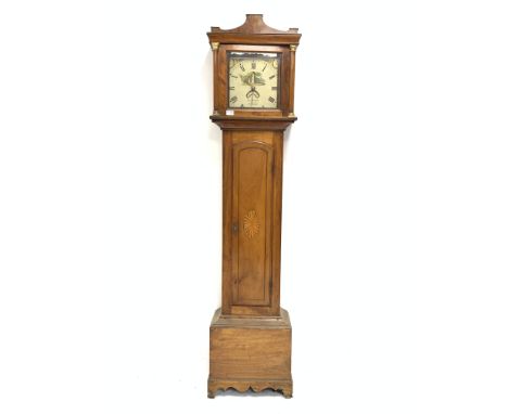 19th century walnut longcase clock, the associated white painted enamel dial with Roman numeral chapter ring and date apertur