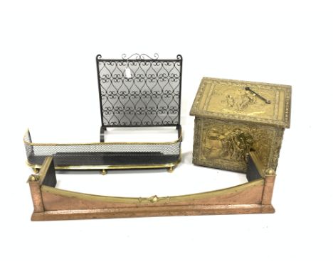Victorian pierced brass fire curb W105cm, brass covered curb, brass covered log box and a wrought metal fire screen Condition