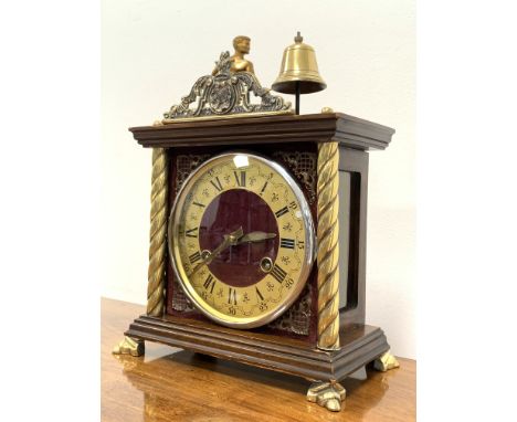 French automaton striking mantel clock in square mahogany case with brass pilasters, W25cm Condition Report & Further Details