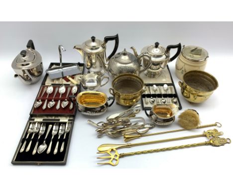 Devon ware 'silverine' teapot, sugar basin and jug, Viners of Sheffield silver plated jug and tea and coffee pots, crumb tray