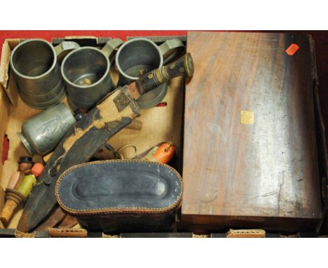 A box of miscellaneous items to include Victorian walnut writing slope (lacking interior), kukri in leather scabbard, pewter 