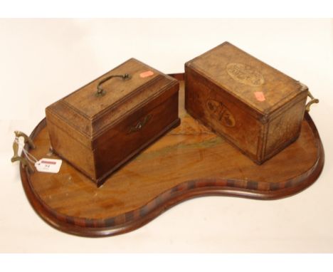 A George III mahogany tea caddy; one other George III mahogany, rosewood crossbanded and satinwood inlaid tea caddy (both a/f