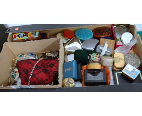 A box of miscellaneous items to include various trinket jars and covers, ladies purse, various fashion rings etc