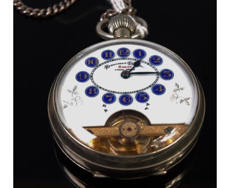 A Hebdomas patent nickel cased gents open faced pocket watch on silver curb link watch chain, having a signed white enamel di