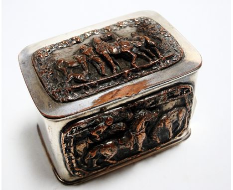 An early 20th century silver plate on copper tea caddy, of rectangular form, relief decorated with figures on horseback