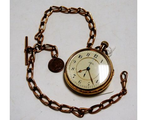 A heavy gold plated gents open faced pocket watch, having keyless movement, and on gold plated curblink watch chain (2) 