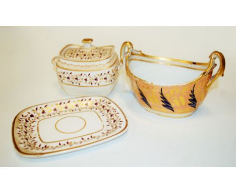 An early 19th century Spode sucrere, on a white ground with gilt scrolling decoration, with matching plate; together with a 1