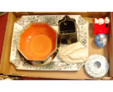 A box of miscellaneous china, to include; large Victorian meat plate, Wade Dewers Scotch Whisky advertising water jug, ironst