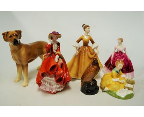 Three Royal Doulton figurines, to include; two from The Pretty Lady series, Top O'The Hill, and Stephanie, with one other Pic