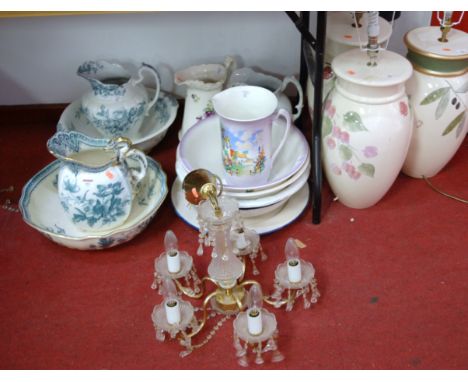 A collection of Victorian transfer decorated washstand china, to include jugs and bowls; together with three large modern cer