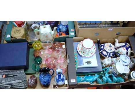 Three boxes of miscellaneous items to include pair of boxed crystal champagne flutes, commemorative mug, Wedgwood plates, cas