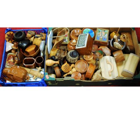 Two boxes of miscellaneous items to include; treen, trinket jars and covers, carved wall mask, animal figures etc 
