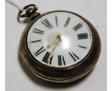 An early 19th century silver pair cased gents pocket watch, having a white enamel dial, keywind chain driven verge fusee move