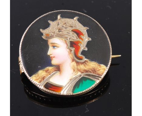 A white metal and enamel set brooch as a bust portrait of a young Roman goddess, 2.5cm