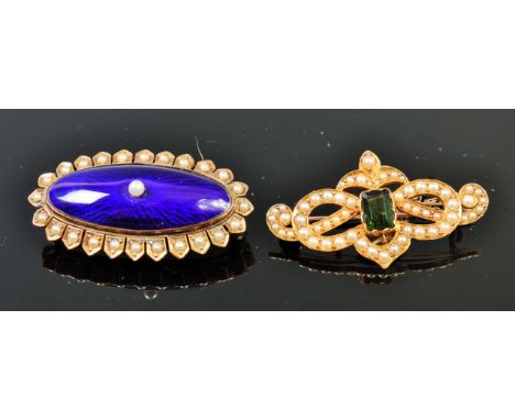 A Victorian yellow metal blue enamel and seed pearl set brooch of elliptical form, 3.9cm, together with one other yellow meta