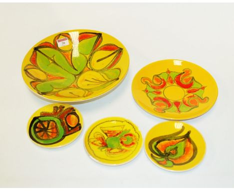A 1970s Poole Pottery Delphis Pattern shallow bowl, by Cynthia Bennett, printed mark verso, numbered 57, dia. 27cm; together 