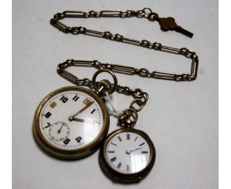 A military issue nickel cased open faced pocket watch, having luminous hands and quarter Arabic numerals, keyless movement, d