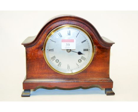 An Edwardian walnut cased mantel clock, having silvered dial with Roman numerals, signed Mappin & Webb London, having eight d