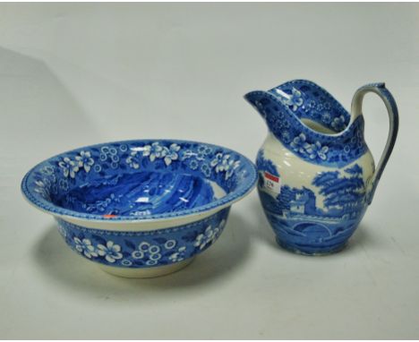 A Copeland Spode blue and white transfer decorated jug and bowl 
