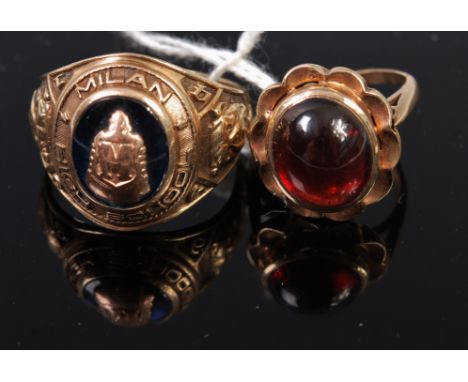 A gents 10ct gold signet ring for Milan High School together with one other 9ct gold and cabochon garnet set dress ring, gros