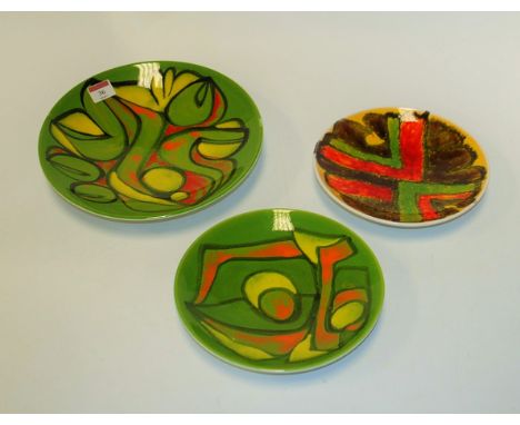 A 1970s Poole Pottery Delphis pattern shallow bowl, decorated by Cynthia Bennett, printed mark verso, dia.26cm; together with